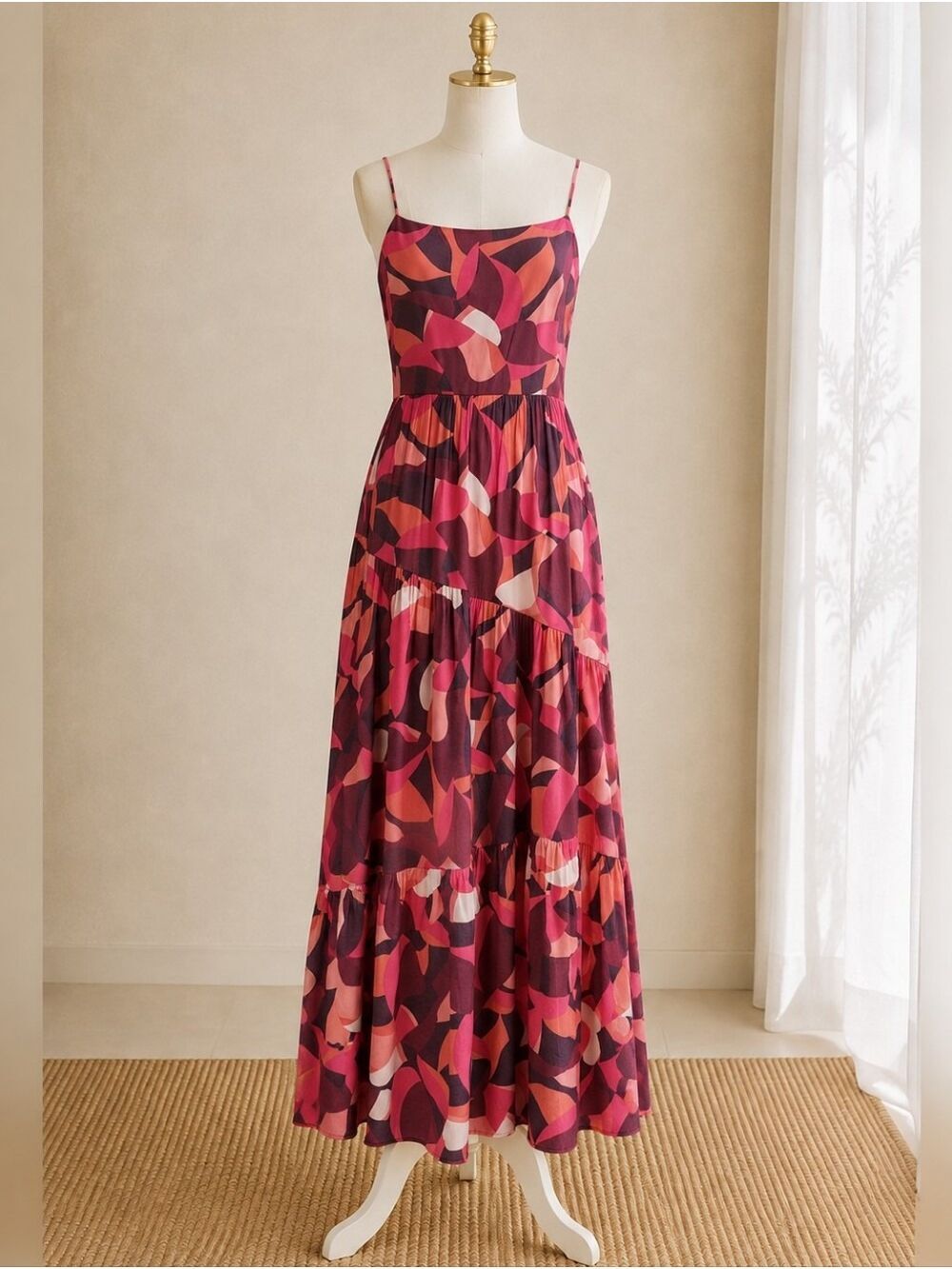 NINE WEST ABSTRACT TIERED MAXI DRESS LARGE CORAL BURGANDY ADJUSTABLE STRAPS